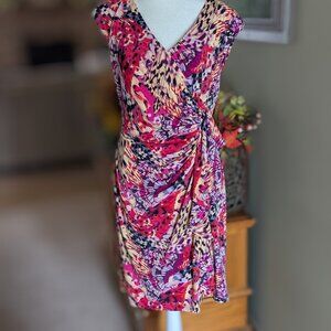 NWT Kasper Faux wrap colorful dress with side ruffle, size 12P